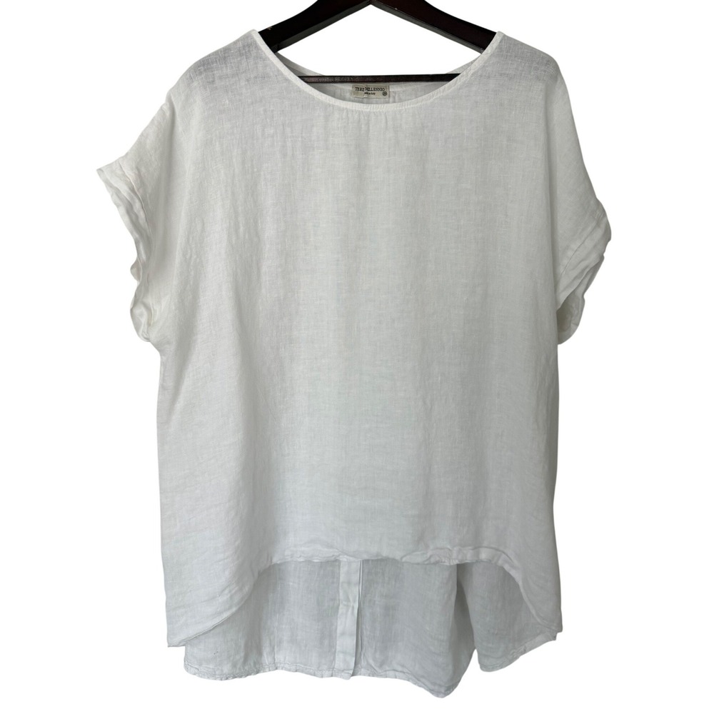 Terz Millennio White 100% Linen Button Back Short Sleeve Top Made in Italy 2X